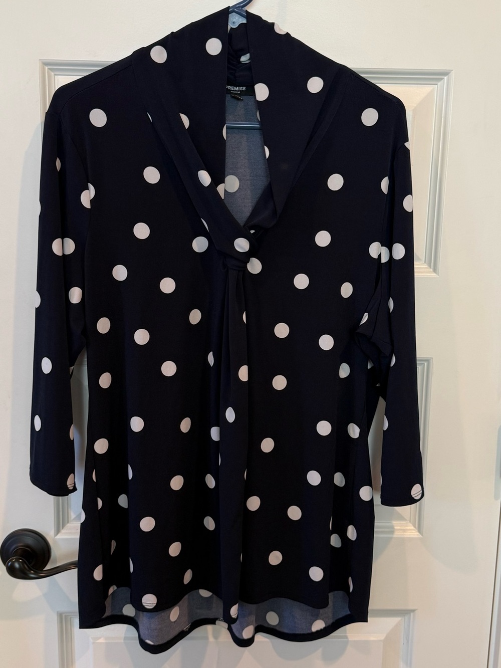 Premise Navy and White Polka Dot Long-Sleeve Tie-Neck blouse